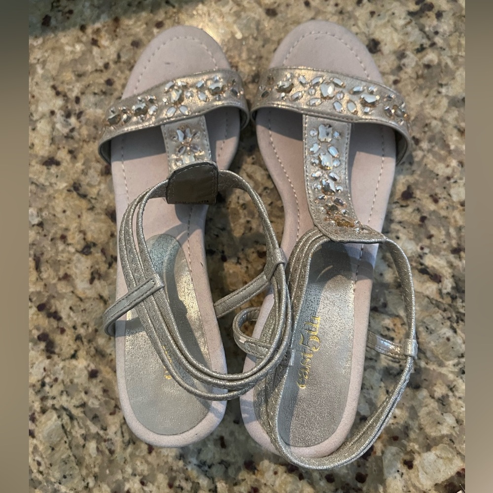 East 5th Beaded Champagne Wedge Sandals